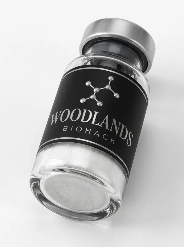 Woodlands Biohack Oxytocin Acetate 10mg research peptide vial, top-down angle showing the cap view